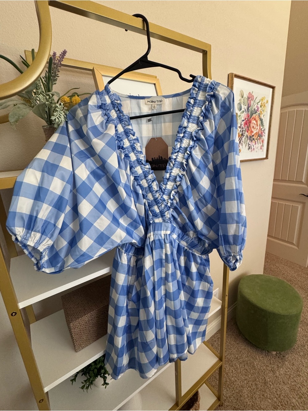 Blue Gingham Puff-Sleeve Romper